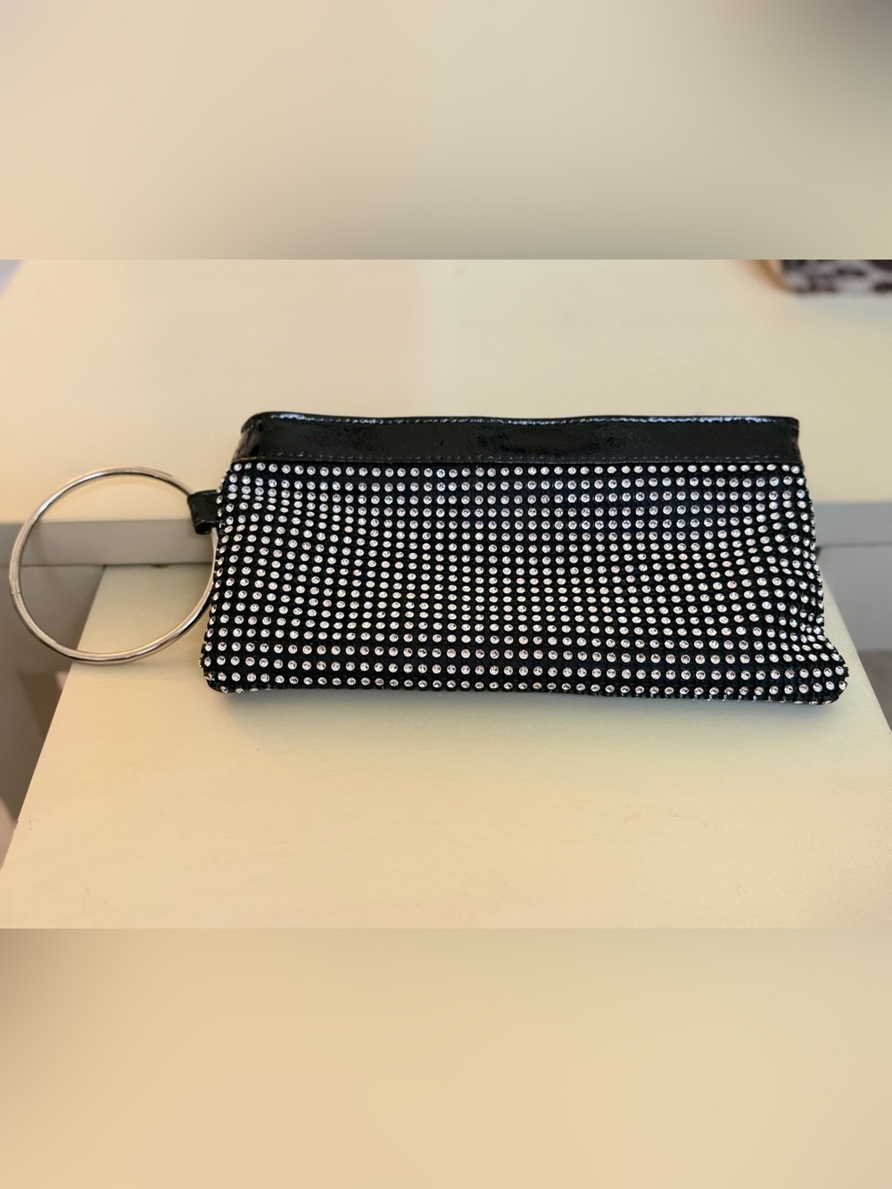 Black Rhinestone Wristlet Clutch with Silver Ring